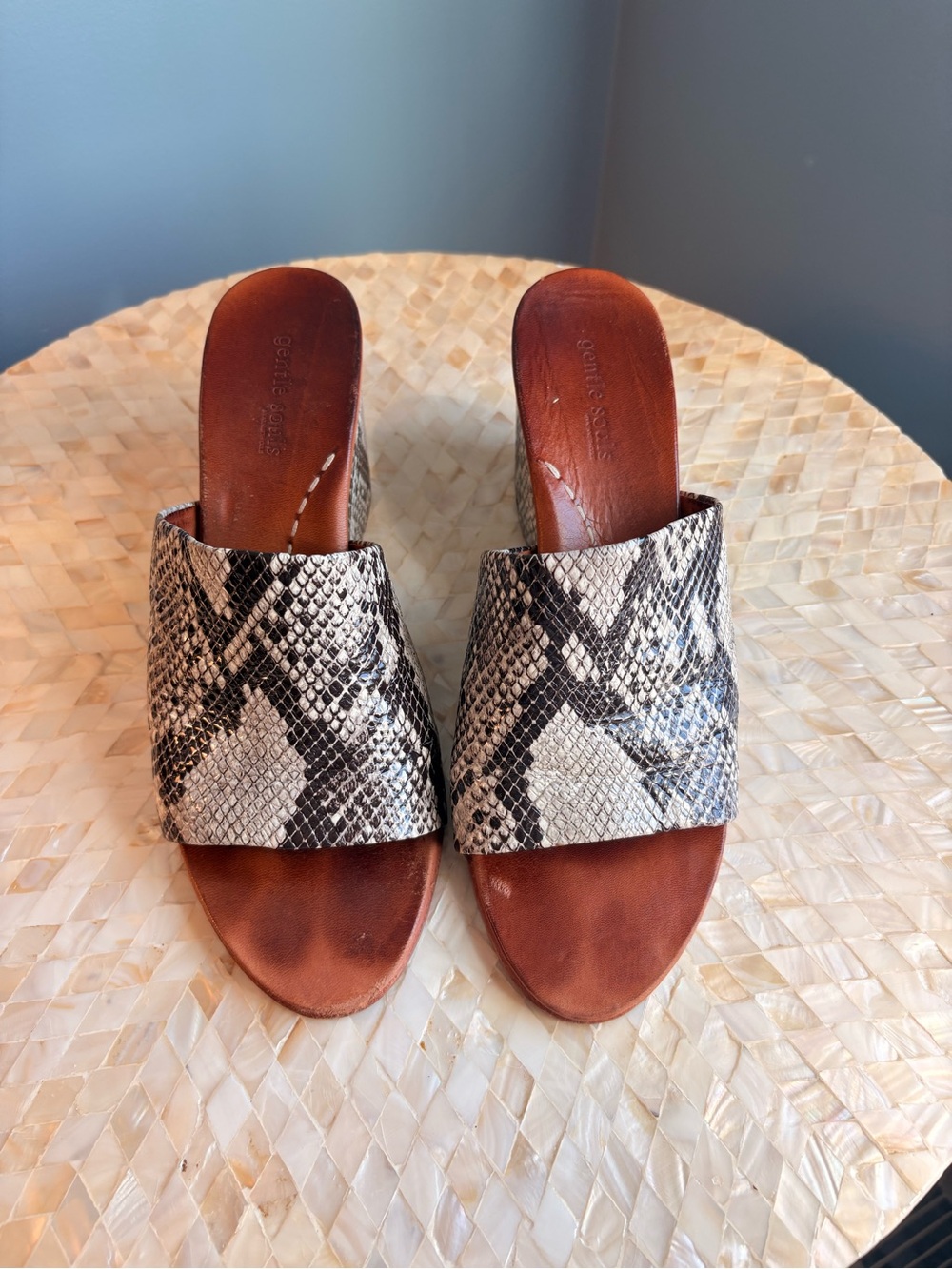gentle souls Snake-Print Slide Mules in Black & Beige